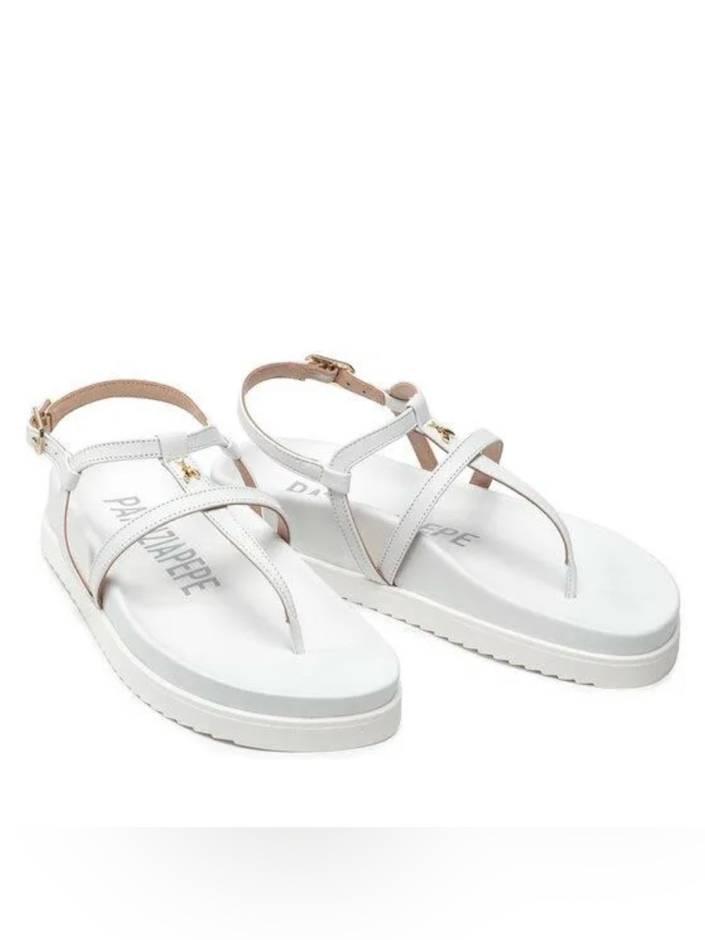 Patrizia Pepe White Leather T-Strap Platform Sandals with Gold Buckle